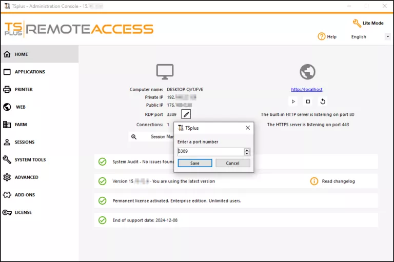 Change TSplus RDP port