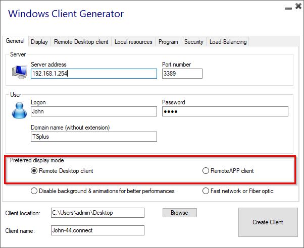 Seamless And Remoteapp Connection… client generator modes