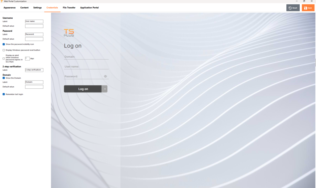 TSplus Web Portal Customization - Credentials