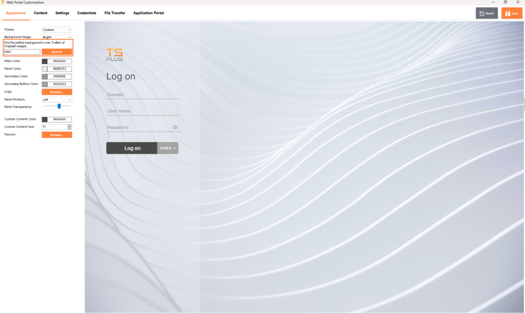 TSplus web portal customization background image