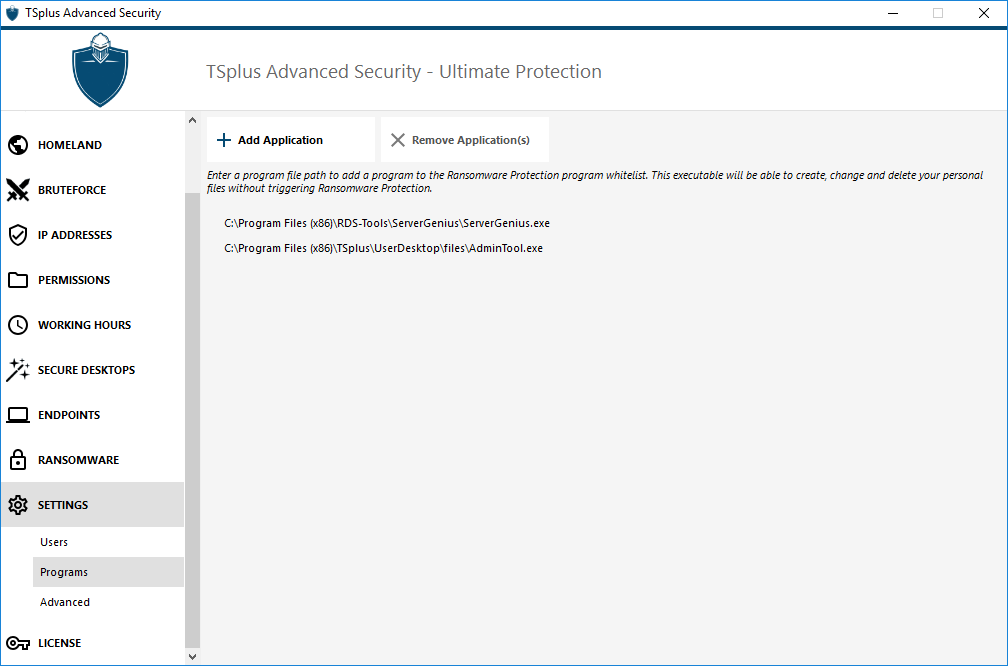 TSplus Advanced Security settings-programs