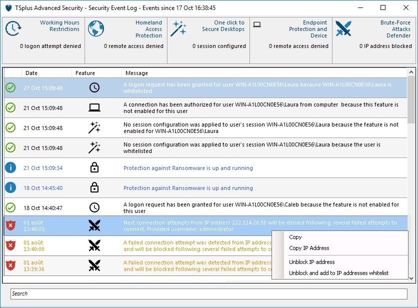 TSplus Advanced Security Event properties