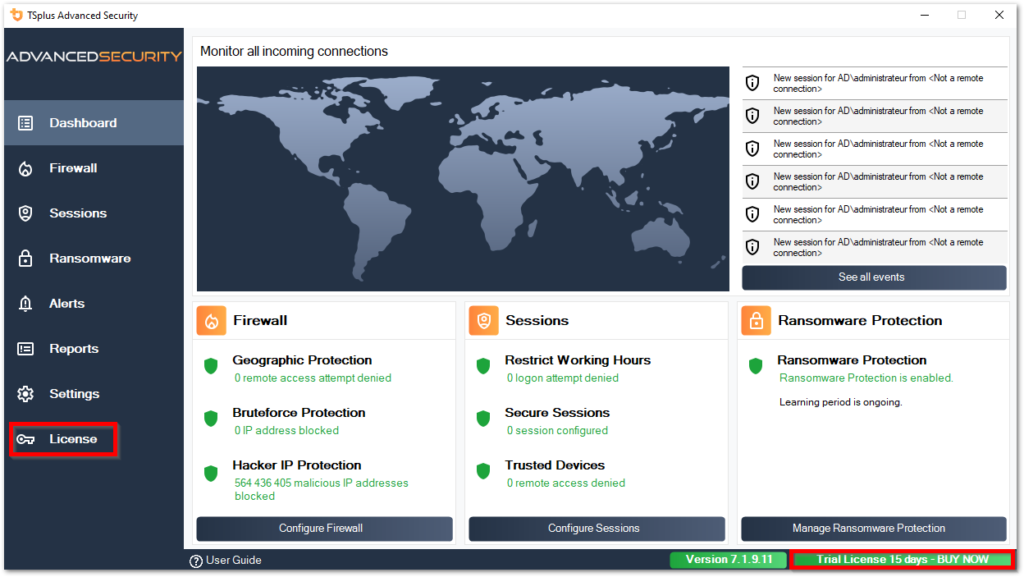 Activating Tsplus Advanced Security license