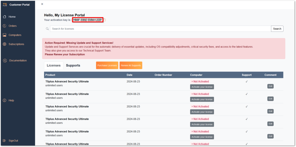 Activating Tsplus Advanced Security license portal key