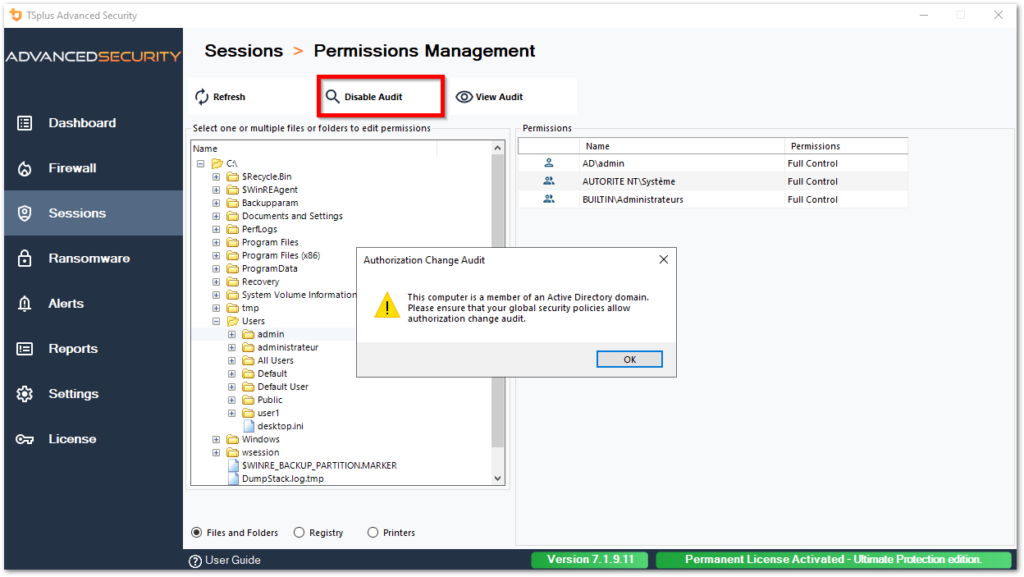 Tsplus Advanced Security Permissions permissions inspect enable audit 1