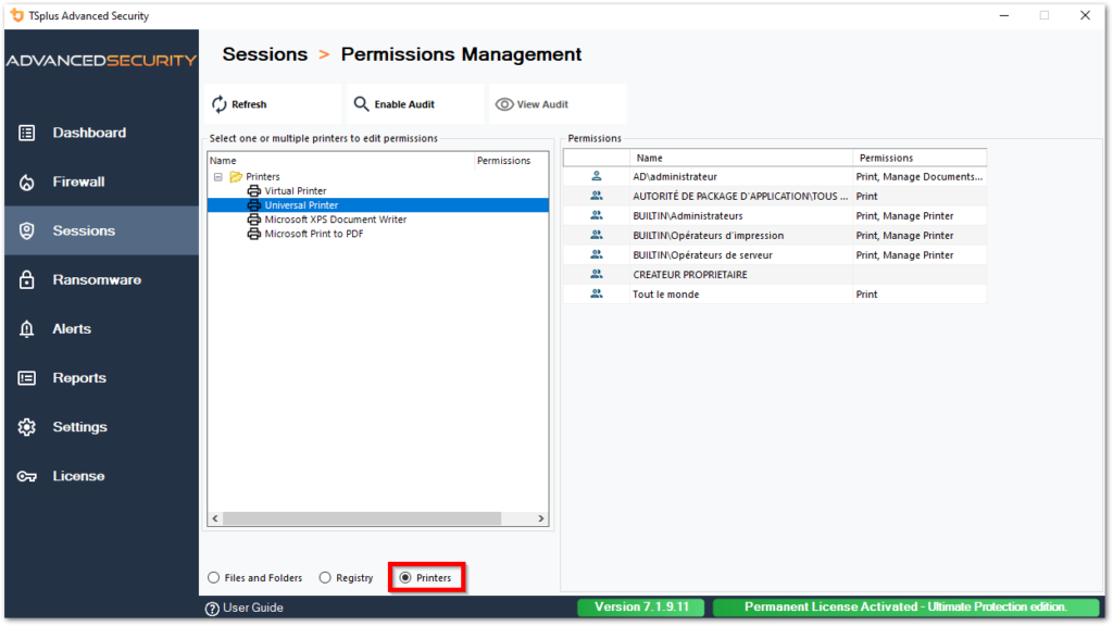 Tsplus Advanced Security Permissions permissions inspect printers