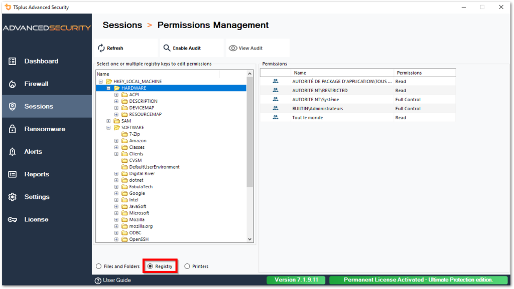 Tsplus Advanced Security Permissions permissions inspect registry