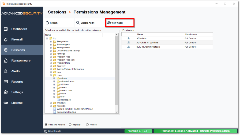 Tsplus Advanced Security Permissions permissions inspect view audit 1