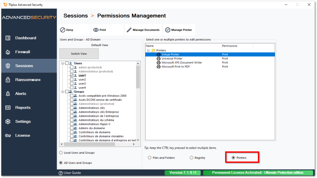 Tsplus Advanced Security Permissions permissions manage printers