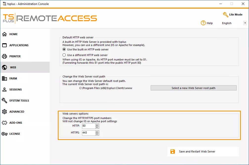 Tsplus Remote Access Quickstart Guide admin tool web server options