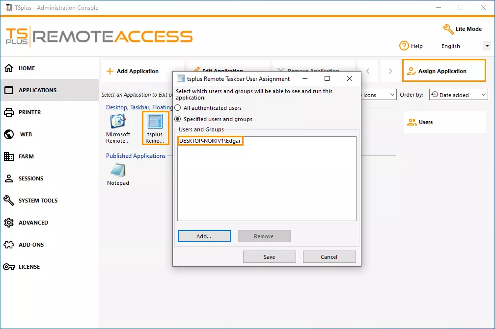 Tsplus Remote Access Quickstart Guide assigning taskbar