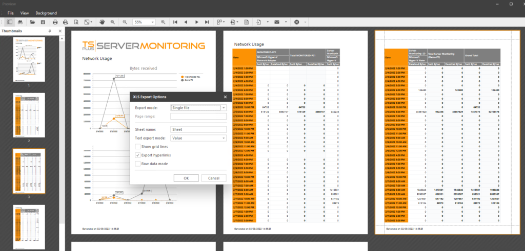 xls export options