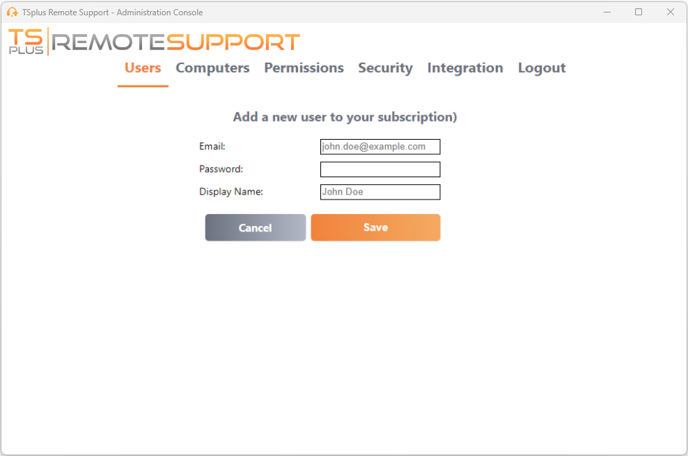 Remote Support Administration Console administration add user