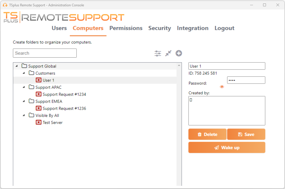 Remote Support Administration Console administration computer info