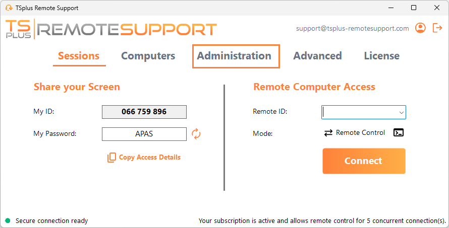 Remote Support Administration Console administration menu