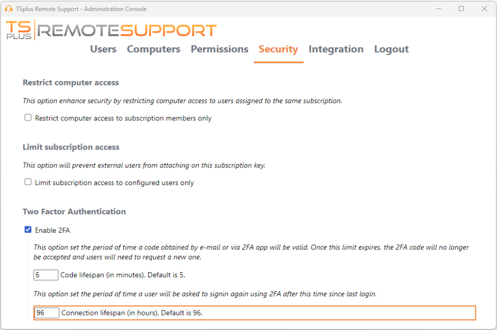 Remote Support Two-Factor Authentication administration security 2fa lifespan