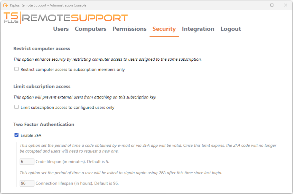 Remote Support Administration Console administration security