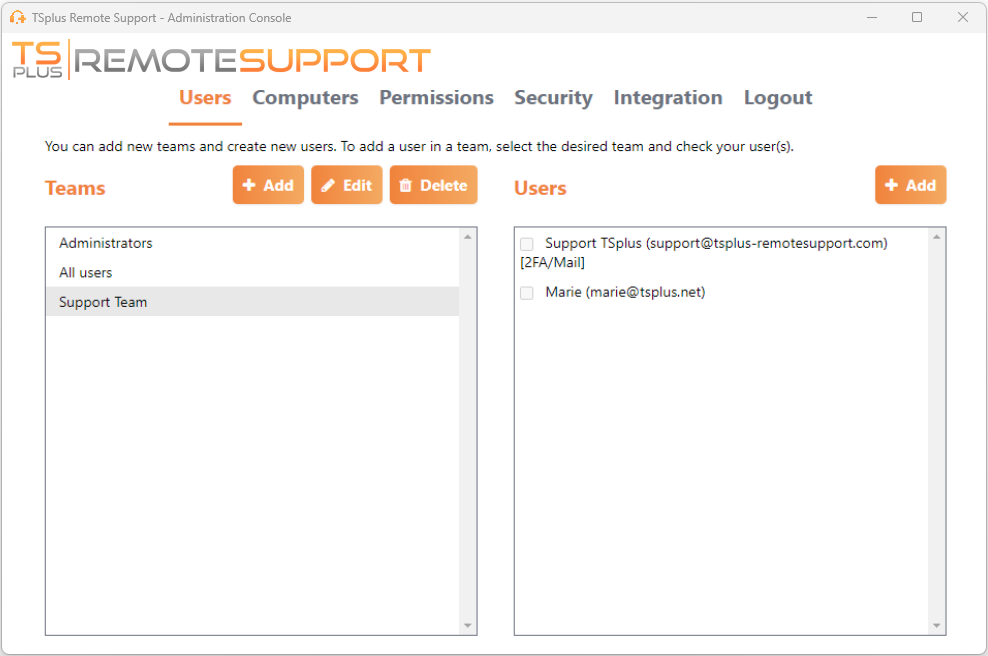 Remote Support Administration Console administration select team