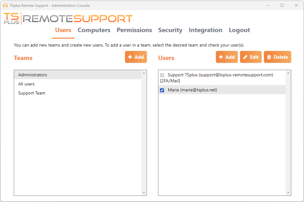 Remote Support Administration Console administration select user