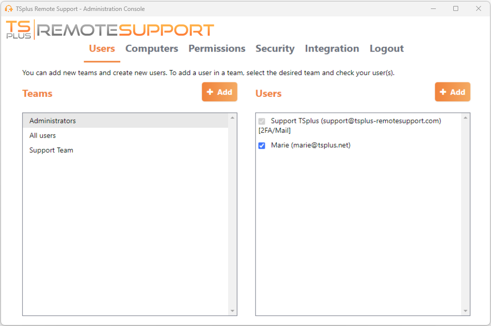 Remote Support Administration Console administration users